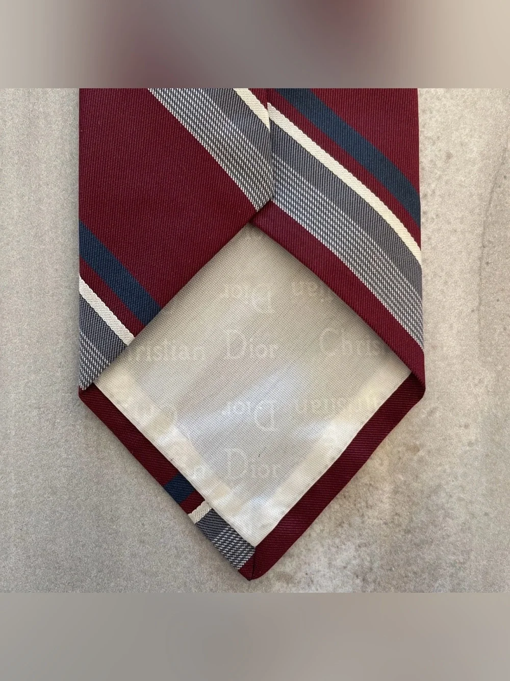 VTG Christian Dior Men’s Necktie Maroon White Blue Stripe Logo Wording